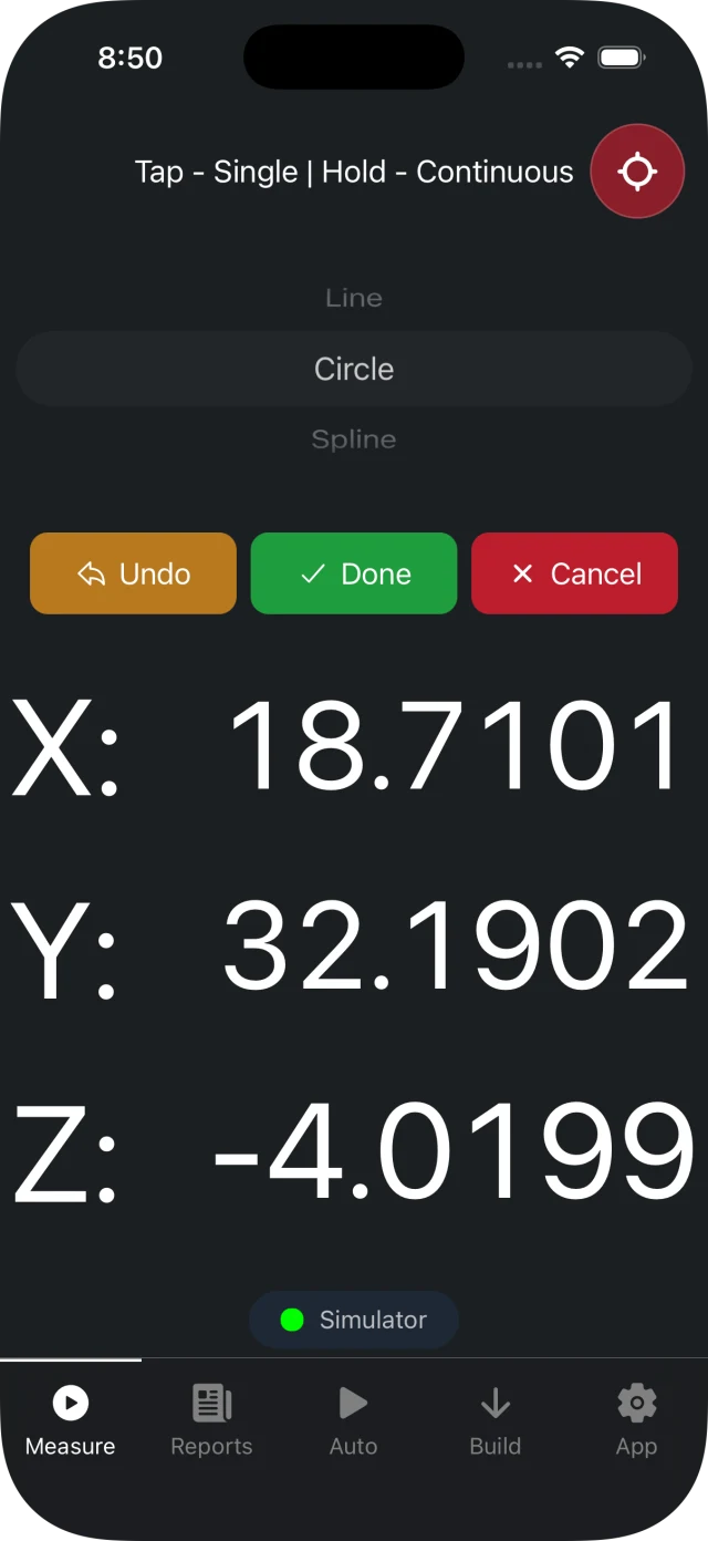 Verisurf Companion measure screen with a Circle feature selected and live X, Y, Z coordinates