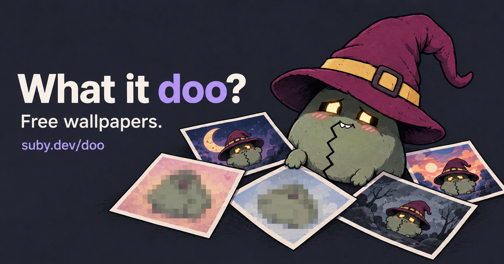 A shy Subydoo gathering his wallpaper flyers, with two embarrassing portraits blurred out