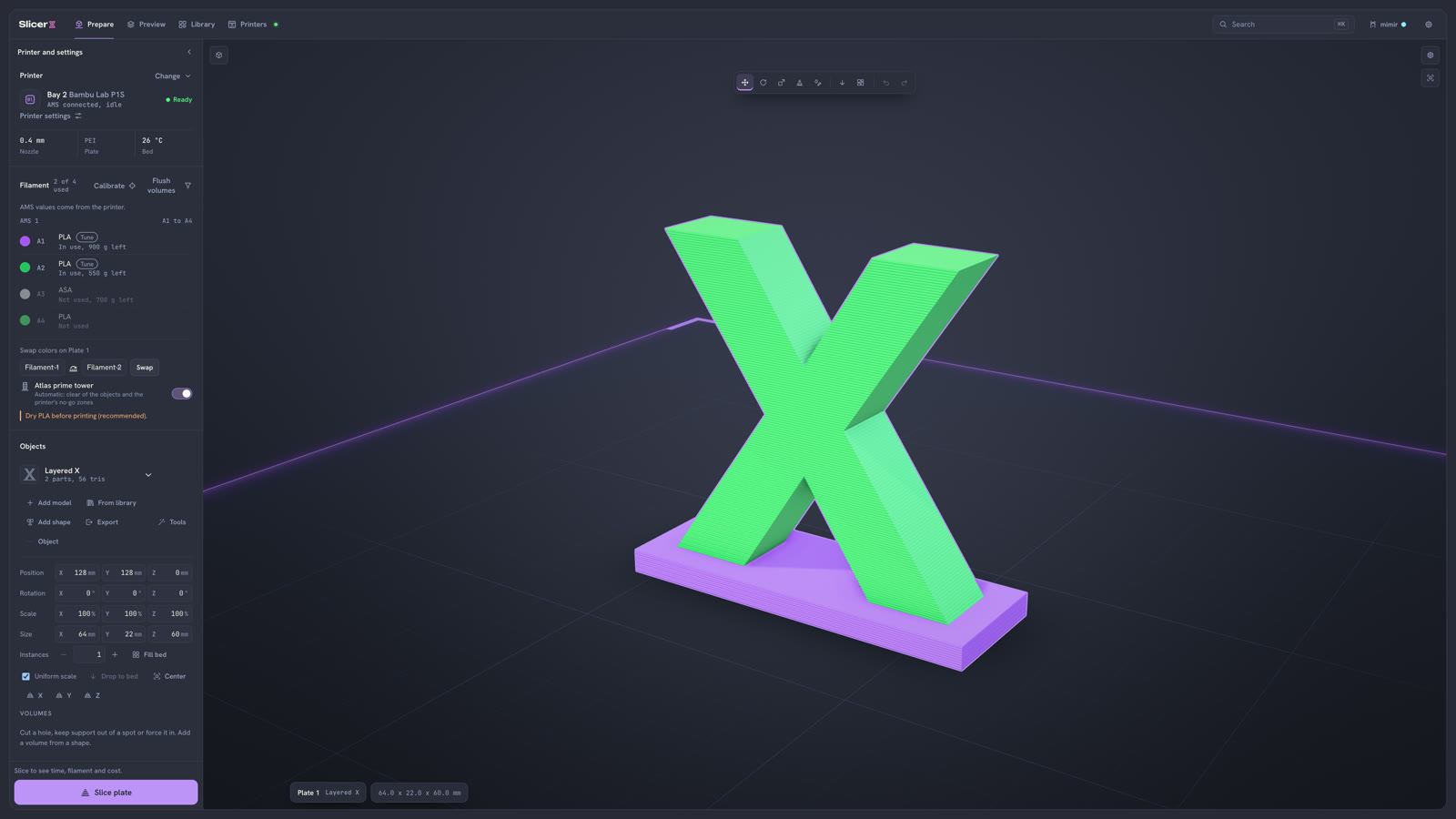 The SlicerX Prepare screen with a layered X model on the plate of a simulated Bambu Lab P1S